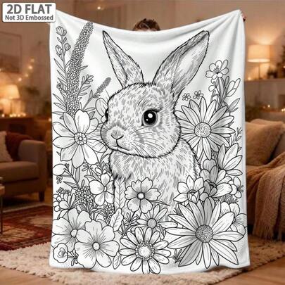 Floral Rabbit Coloring Pattern Outdoor Portable Blanket - Lightweight Home Decor Bedding Blanket, Suitable For Travel, Camping, Living Room, Office, Sofa, Chair, And Bed