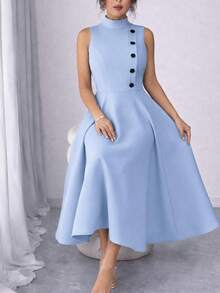 Elegant Sleeveless High Neck Midi Dress For Women, Side Button Detail, Chic Casual And Party Tailored Dress - azul bebe - 查看 3