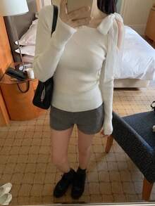 YCYC Autumn/Winter Fashion Elegant Open Shoulder Solid Color Long Sleeve Pullover Top - White - View 6