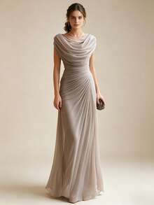 Vestido de fiesta elegante con pliegues y escote drapeado novedad 2026, diseño versátil para look informal y eventos - Caqui - Ver 1