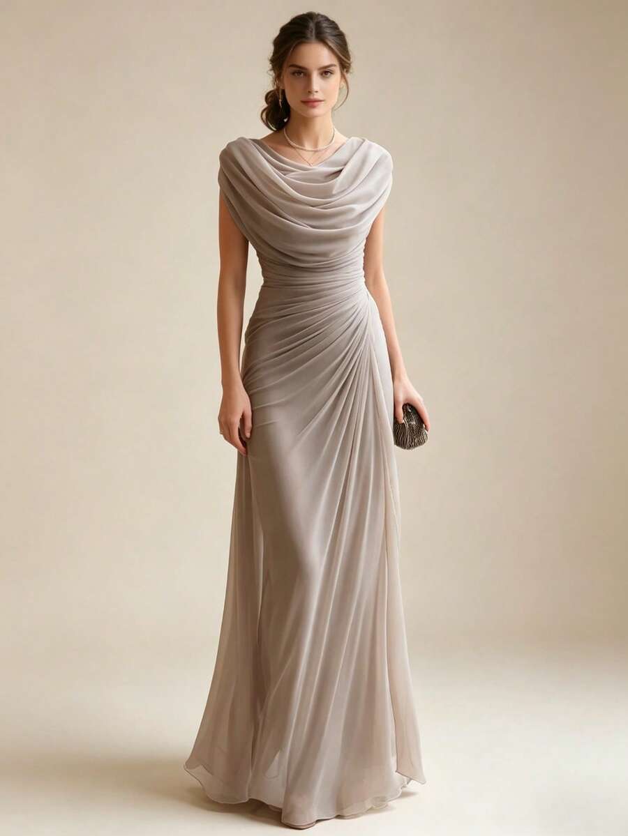 Vestido de fiesta elegante con pliegues y escote drapeado novedad 2026, diseño versátil para look informal y eventos - Caqui - Ver 1