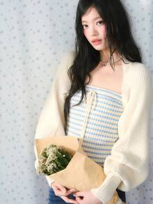 Korean Style Contrast Stripe Bandeau Top & Knitted Cardigan 2pcs Set, Slim Fit Flattering Top Outfit For Women, Autumn/Winter - White - View 3