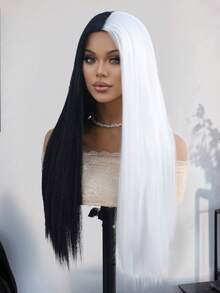 24 Inches Black White Wig Long Straight Wig Black Middle Part Wigs Long Wigs For Daily Party Halloween Wig - Black and White - View 4