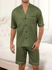 Men's Summer Thin V-Neck Cardigan Style Solid Color Pocket Short Sleeve Shorts 2-Piece Set Minimalist Premium Comfortable Loungewear Set - Multicolor - View 3