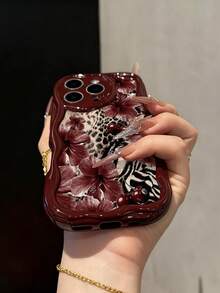 Floral Painted Cream Wavy Edge Burgundy Flat Print Anti-Drop Fashion Cute Phone Case, Compatible With IPhone 17/17 Pro/17 Pro Max/16/16 Pro/16 Pro Max/16 Plus/10/14/15, P14 Thickened P13 Soft Shell P12 Full Coverage P11 Anti-Drop Creative Phone Case - Multicolor - View 2