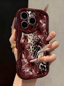 Floral Painted Cream Wavy Edge Burgundy Flat Print Anti-Drop Fashion Cute Phone Case, Compatible With IPhone 17/17 Pro/17 Pro Max/16/16 Pro/16 Pro Max/16 Plus/10/14/15, P14 Thickened P13 Soft Shell P12 Full Coverage P11 Anti-Drop Creative Phone Case - Multicolor - View 1
