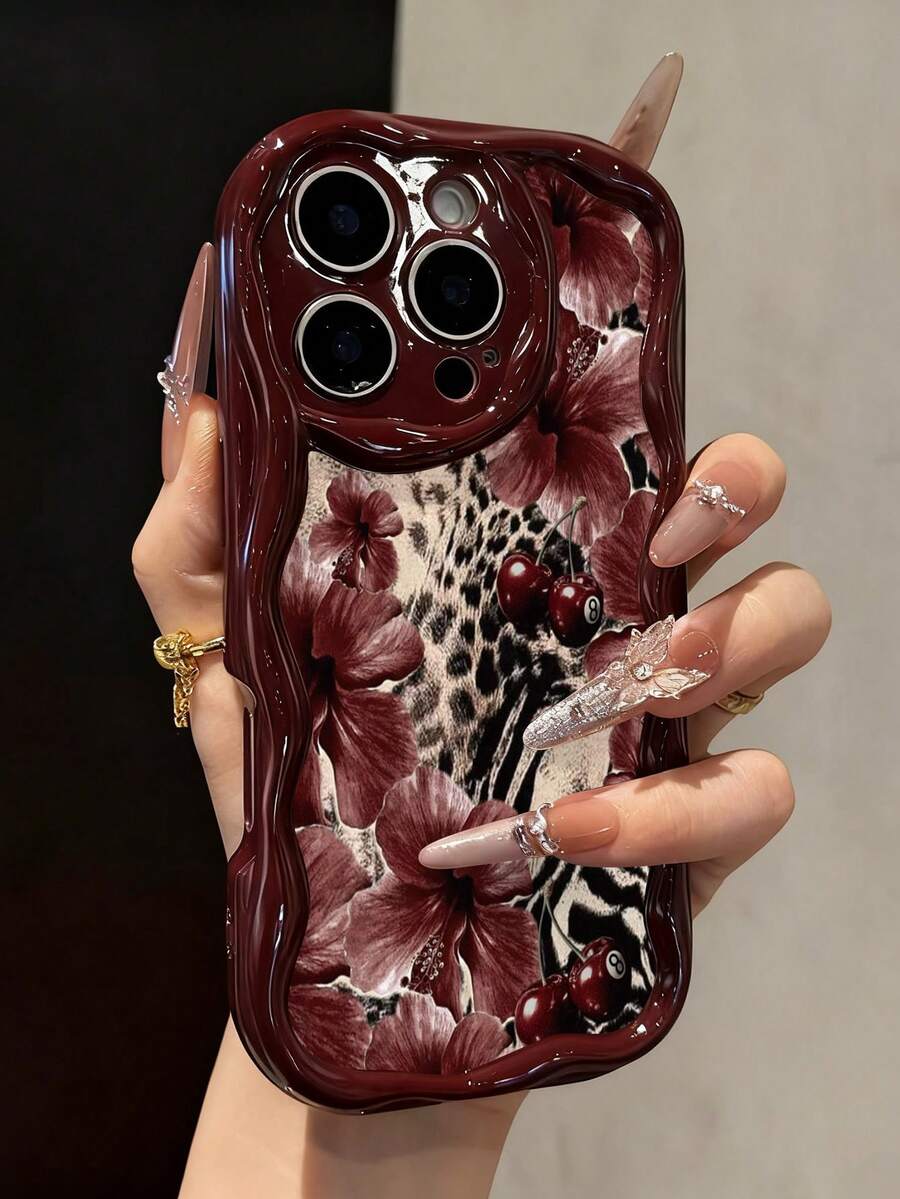 Floral Painted Cream Wavy Edge Burgundy Flat Print Anti-Drop Fashion Cute Phone Case, Compatible With IPhone 17/17 Pro/17 Pro Max/16/16 Pro/16 Pro Max/16 Plus/10/14/15, P14 Thickened P13 Soft Shell P12 Full Coverage P11 Anti-Drop Creative Phone Case - Multicolor - View 1