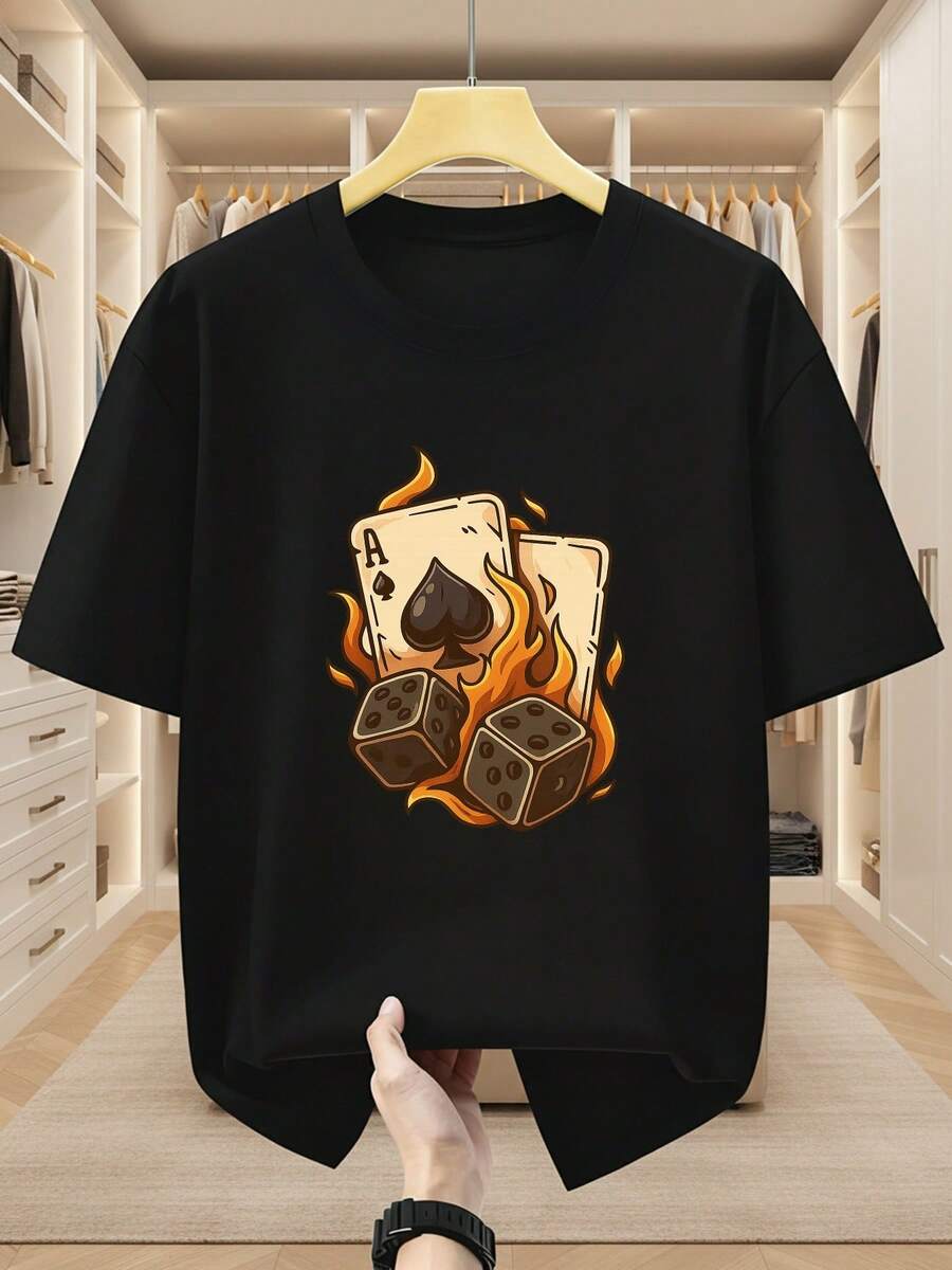 Men's Plus Size T-Shirt, 100% Cotton, Short-Sleeved, With Black Ace And Dice Print, Comfortable And Casual For Summer, Printed Design. - Black - View 1