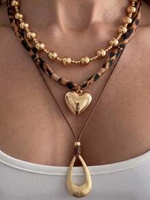 3pcs Women's Pendant Necklace Set, Fashionable Personalized Leopard Print Heart & Water Drop Pendant Necklace Set, Suitable For Daily Wear And Party Matching - Multicolor - View 9