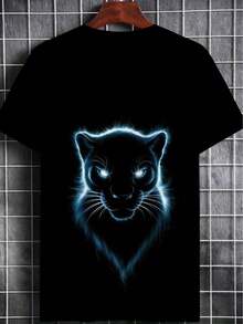 Men's Plus Size Short Sleeve T-Shirt With Light Blue Leopard Print - Casual Short Sleeve Party Clothing - Washable Print - 黑色 - 查看 2