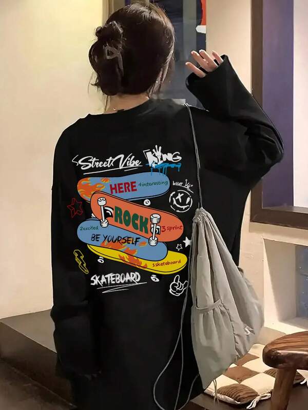女款時尚春夏寬鬆圓領休閒百搭字母與滑板印花短袖T恤 黑色