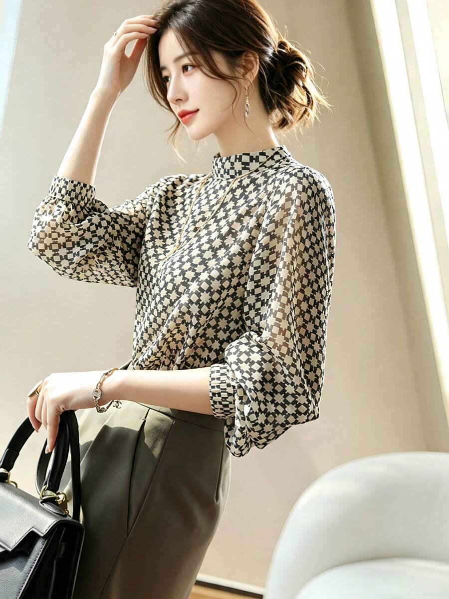 YUXIN 女士复古格子雪纺衬衫，立领灯笼袖，休闲/轻商务装，透气修身时尚上衣，春夏白色