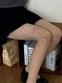 1pc Spring/Summer Thin Y2K Sexy Musical Note Print Pantyhose - Apricot - View 3