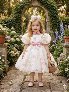 Baby Girls Thick Strap Bow Print Organza Elegant First Birthday Dress Suitable For Flower Girl Wedding, Headband Not Included - Multicolor - View 4
