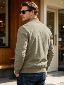 Mercer Haus Men's Slim Fit Solid Color Zipper Jacket, Casual Lightweight Linen Blend Bomber Jacket - Khaki - View 8