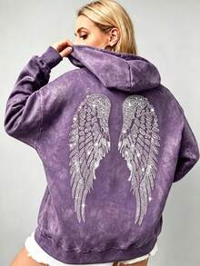 Women's Oversized Angel Wings Print Hoodie - Black Y2K Back Graphic Pullover,  Fall Winter  Streetwear , Comfy Oversized Silhouette2026 - 紫色1 - 查看 3