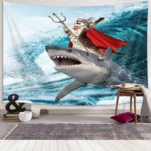 Viajar Cat Riding Shark Tapestry, Japanese Style Wall Art, Bedroom Aesthetic, Funny Cat Tapestry For Kids, - Multicolor - View 3