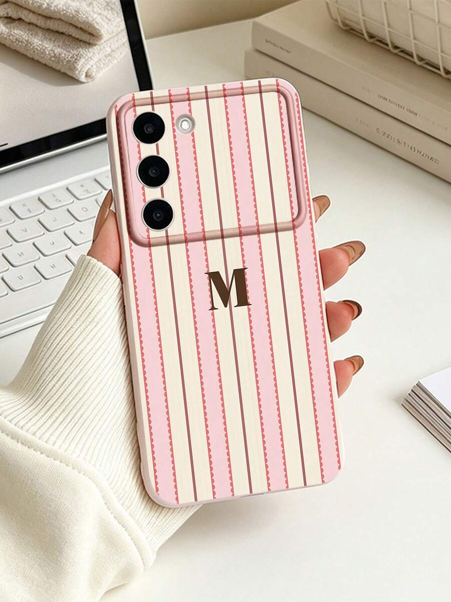 Compatible With Samsung Galaxy S25 Ultra/S24/S23/S22/A16/A56/A55/A17 Series Phone Case, 1pc Fashionable Personalized Striped Letter M Pattern Cute Side Heart Anti-Drop Premium Full Coverage Soft TPU Phone Shell, Suitable As Birthday Gift, Holiday Gift For Friends, Family, Couples, Yourself, Daily Use - Multicolor - View 1