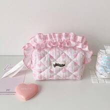 1pc Sweet Floral Quilted Ruffle Trim Kids Toiletry Makeup Bag, Girl Fabric Quilted Storage Bag, Portable Toiletry Bag, Travel Cosmetic Organizer - Multicolor - View 1