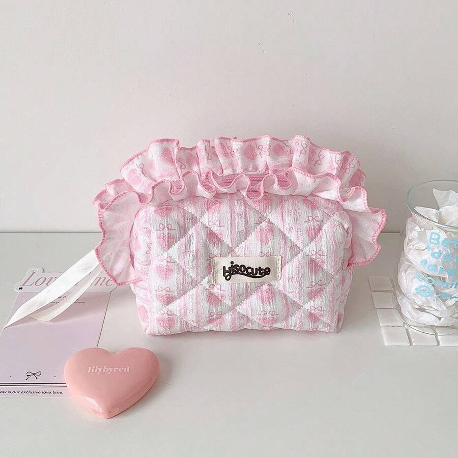 1pc Sweet Floral Quilted Ruffle Trim Kids Toiletry Makeup Bag, Girl Fabric Quilted Storage Bag, Portable Toiletry Bag, Travel Cosmetic Organizer - Multicolor - View 1