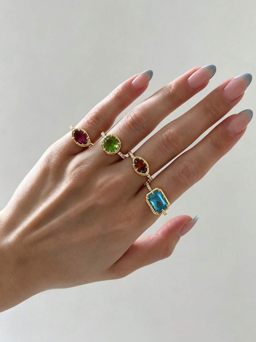 S SHOPBOHO 1件裝彩色鋯石不鏽鋼戒指,不掉石、不褪色 - 戒指 - 查看 1