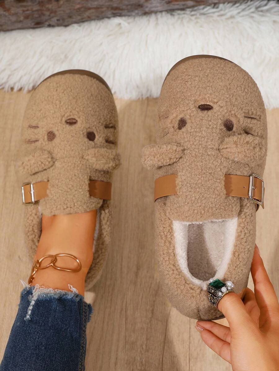 1 Pair Women Closed Toe Daily House Shoes Cute Cartoon Buckle Strap Shoes - Coffee Brown - View 1