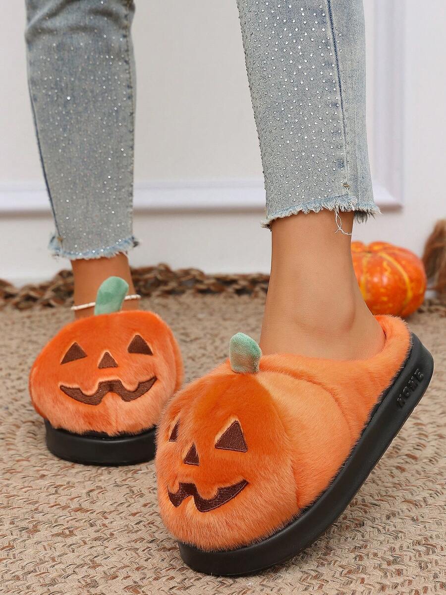 Halloween Pumpkin Party Slippers Women's Winter Home Fashion Indoor Slip-On Fuzzy Warm Shoes - Orange - View 1