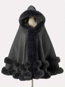 1PC Acrylic Knitted Fabric European And American Autumn And Winter New Faux Rabbit Fur Collar Hooded Hem Fringed Shawl Cape Extended Coat - Multicolor - View 5