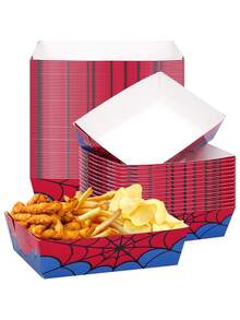 10pcs/30pcs/50pcs Halloween Spiderweb-Patterned Paper Food Trays Featuring A Red And Blue Design; Disposable Containers Suitable For Holding Snacks, Cookies, And Candy Perfect For Halloween, Day Of The Dead, And Birthday Party Decor. - Multicolor - View 7