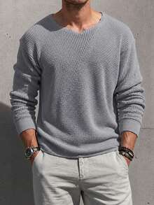 Men Solid Waffle Knit Sweater V Neck Long Sleeve Loose Fit Casual Pullover Top - Brown - View 4