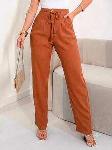 Women's Linen High Waist Trousers With Elegant And Detailed Rope Belt And Pence - Marrón - Ver 2