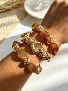 Juego de 7/4/3/1 pulseras de estilo casual vintage de moda con cuentas de resina y CCB doradas multicolores, adecuado para uso diario, vacaciones, fiestas y regalos para mujeres - Multicolor - Ver 7