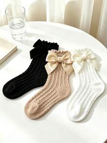 3 Pairs Women's/Girls' Bowknot Decorated Cable Knit Simple Socks, Suitable For Primary And Middle School Students To Match School Uniform - Multicolor - View 6