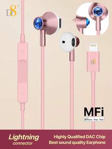 D8 1pc MFi Certified Lightning Earphones, Noise Isolating, With Built-In Remote Control For Music, Calls And Volume, Compatible With IPhone 14/13/12/11/XR/XS/X/8/7/SE/Pro/Pro Max - Pink - View 14