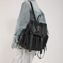 Mochila de PU de gran capacidad con cordón y remaches, de un solo hombro, casual para uso diario - Negro - Ver 2