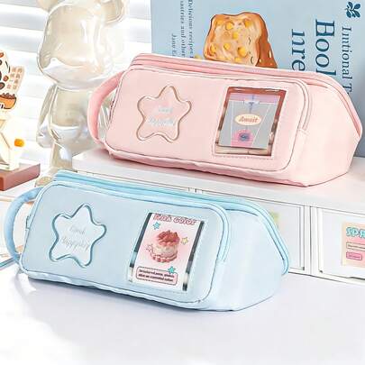 1pc Star Embroidery Pencil Case With Photo Window & Portable Hand Strap, Large Capacity Soft Fabric Pen Bag, Sweet Pastel Color Aesthetic Stationery Pouch, Card Display Design Student Storage Pencil Bag For School Daily Supplies, Back To School