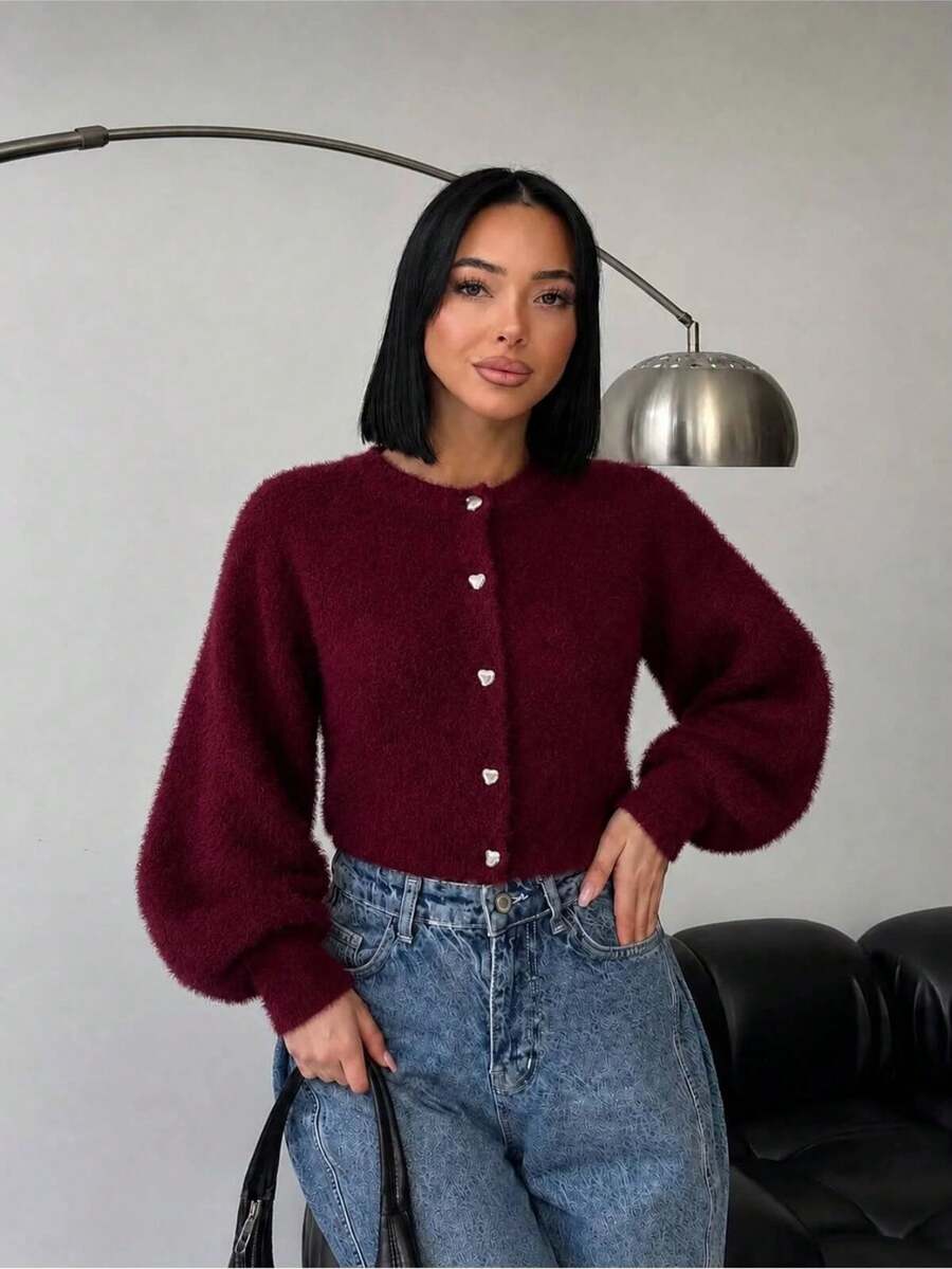 Women's Crop Balloon Sleeve Beard Cardigan - Burgundy - View 1
