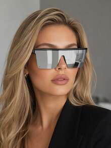 1pc Square Large Frame Rivet Connected Mirrored Fashion Glasses, Unisex Fashion Glasses Suitable For Street, Beach, Party, Travel, Gift For Women - Black Frame White Mercury Film - View 2