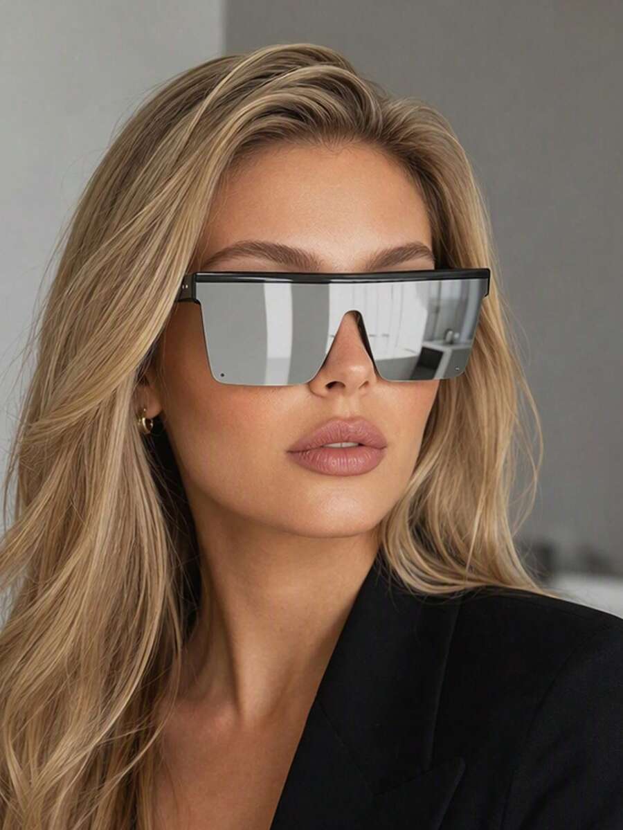 1pc Square Large Frame Rivet Connected Mirrored Fashion Glasses, Unisex Fashion Glasses Suitable For Street, Beach, Party, Travel, Gift For Women