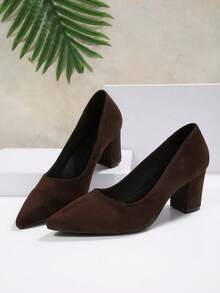 Women's High Heel Pumps, Chunky Square Heel, Spring/Autumn, Block Heels, Fine Suede Coated Fabric, Solid Color, No Print, Pointed Toe, Low Vamp - Coffee Brown - View 8