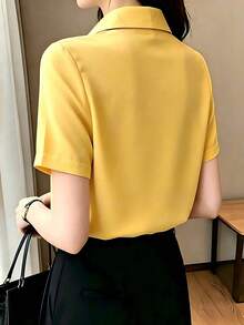 Solid Color Commuter Short Sleeve Shirt With Design, Chic Hong Kong Style Satin Blouse, Aesthetic Yellow - Yellow - View 3
