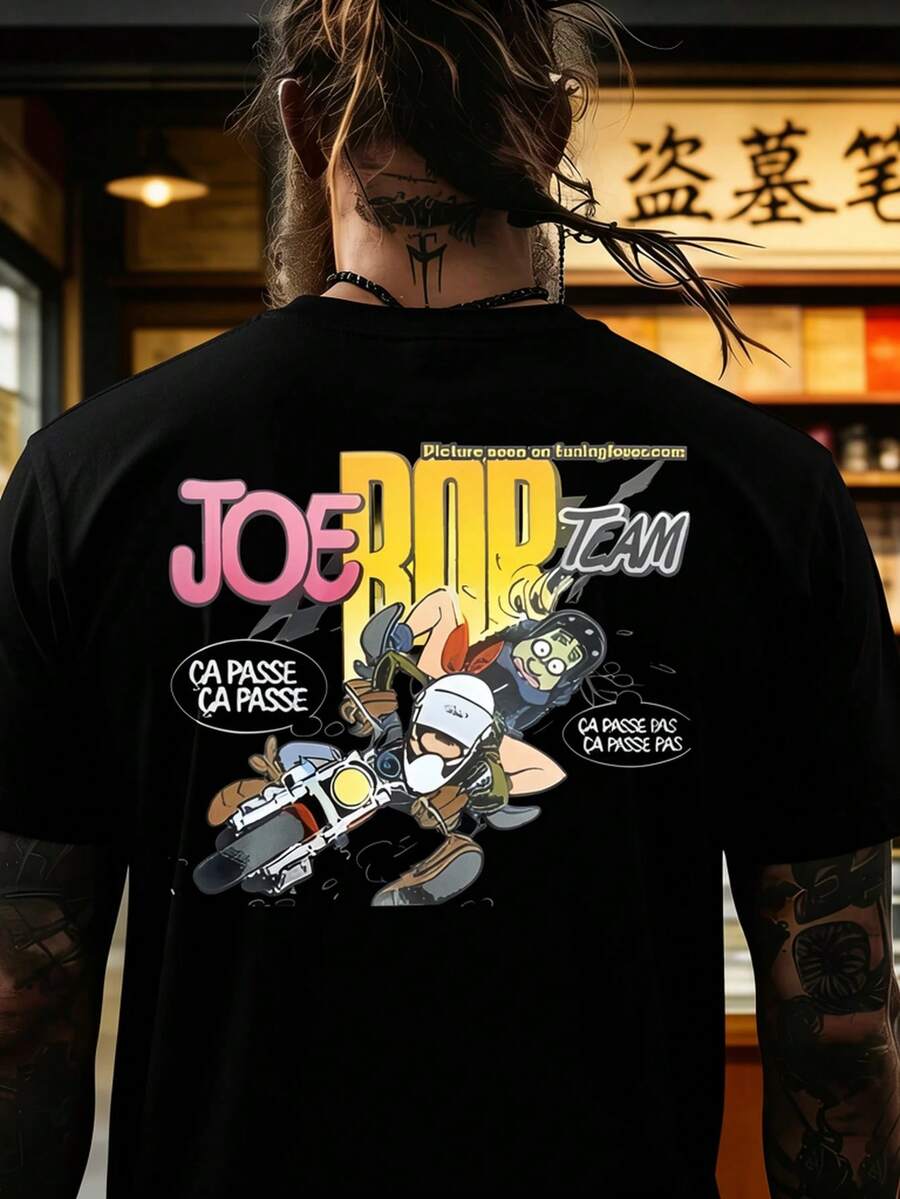 White Christmas T-Shirt For Men With A Joe Rop Cartoon Pattern, French Phrases, And A Motorcycle Design For A Hot Item. - 黑色 - 查看 1