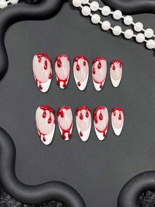 10 Peças de Unhas Postiças Feitas à Mão, Unhas, Unhas Falsas, Unhas de Halloween, Unhas Amendoa, Rosa, Azul, Vermelho, Branco, Preto e Verde, com Padrões de Textura de Bolhas de Sangue Gotejante Rosa, Azul e Verde, Perfeito para Uso Diário, Encontros e Ocasiões Casuais de Menina Delicada - Vermelho e Branco - Visão 4