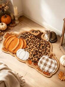 1pc Cartoon Leopard Print Plaid Pumpkin Shaped Rug, Vintage Halloween Style, Halloween, Outdoor Doormat, Kitchen Rug, Home Decor, Area Rug, Garden Rug, Washable Rug - Multicolor - View 2