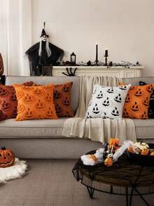 1 Stück Herbst Halloween Dekokissenbezug, Kürbismuster, weiches Plüsch Kunstwolle Kissenbezug, geeignet für Zuhause, Garten, Sofa, Bank, Orange & Schwarz Farbe, Thanksgiving Halloween Geschenk, Wohnheim Schlafzimmer Raumdekoration - Rost - Übersicht 3
