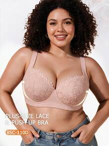 1pc Plus Size Lace Underwire Bra, Wide Adjustable Shoulder Straps, Full Coverage High Support, Suitable For Full-Figured Women's Daily Bra - Pink - View 2