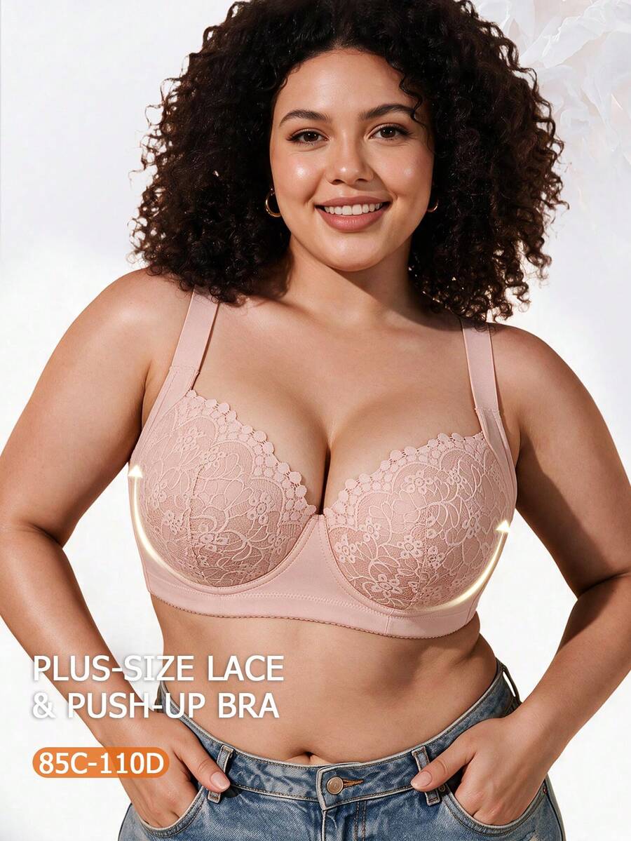 1pc Plus Size Lace Underwire Bra, Wide Adjustable Shoulder Straps, Full Coverage High Support, Suitable For Full-Figured Women's Daily Bra