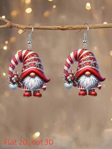 2D Flat Red Striped Candy Cane Gnome Acrylic Earrings, Stainless Steel Ear Hooks, Cute Winter Christmas Women's Dangle Earrings, Christmas Fun Jewelry Gift - Red Santa Hat - View 1
