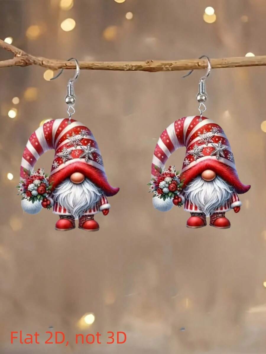2D Flat Red Striped Candy Cane Gnome Acrylic Earrings, Stainless Steel Ear Hooks, Cute Winter Christmas Women's Dangle Earrings, Christmas Fun Jewelry Gift - Red Santa Hat - View 1