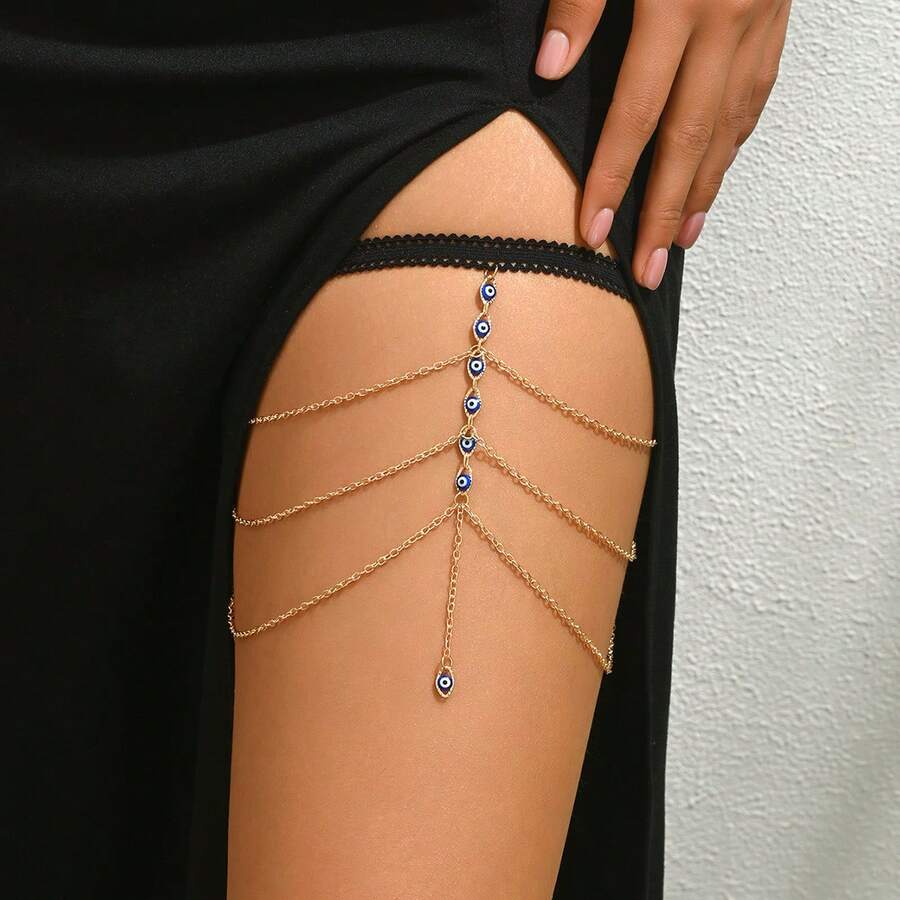 1pc Bohemian Style Metal Tassel Leg Chain Body Jewelry, Women's Summer Vacation Bikini Accessory, Personalized Body Chain - Gold - View 1